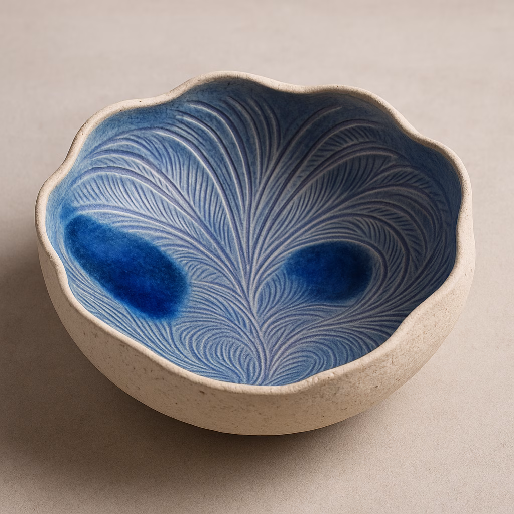 Immagine Centrotavola ceramico materico in argilla refrattaria con Wistaria e Blue Isle: progetto completo tra texture, profondità e luce