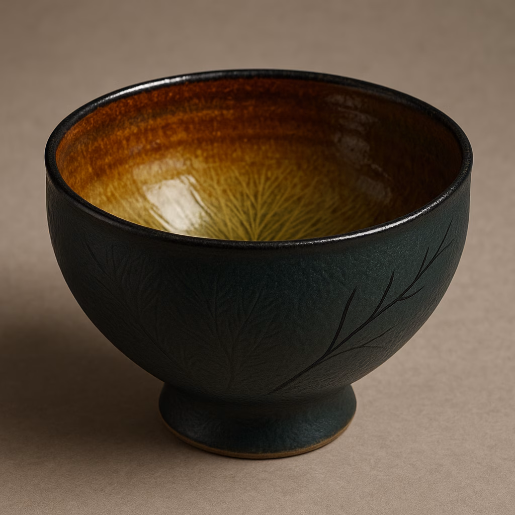 Immagine Ciotola botanica in ceramica con effetto sottobosco: decorazione con engobbio Indigo, Pine Needles e Detailing Black