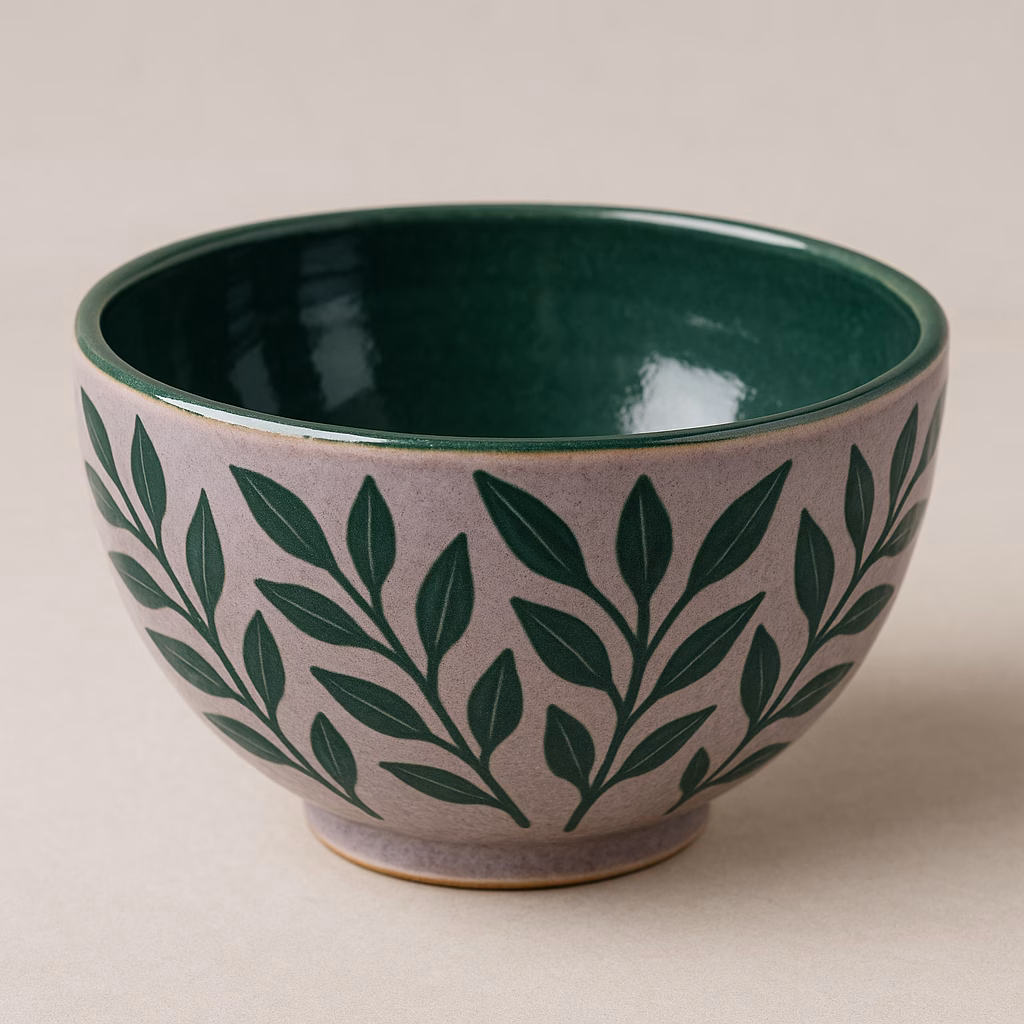 Immagine Ciotola botanica in ceramica: decorazione con engobbio Lilac, sottocristallina Forest Spot e smalto Evergreen