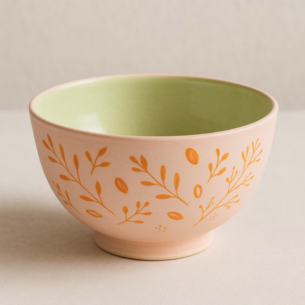 Immagine Ciotola in porcellana rosa con decoro arancione e smalto Pistachio: progetto ceramico completo ad alta temperatura