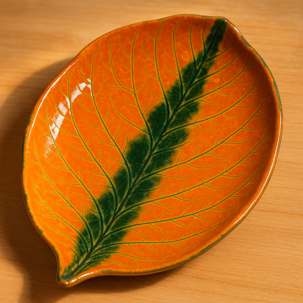 Immagine Piatto foglia tropicale in ceramica: decorazione con smalto Papaya, Seaweed Aventurina e matita sottosmalto Lime