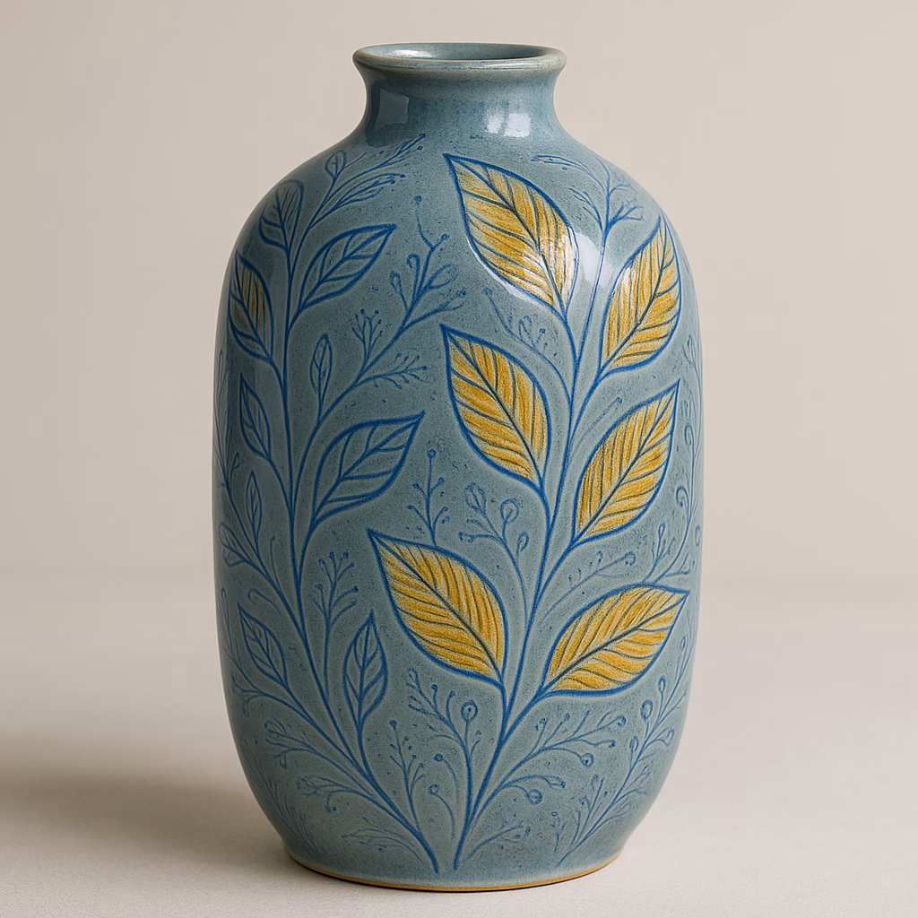 Immagine Vaso ceramico botanico con Grey Celadon, Mustard ed Electra Blue: tecnica, passaggi e consigli pratici