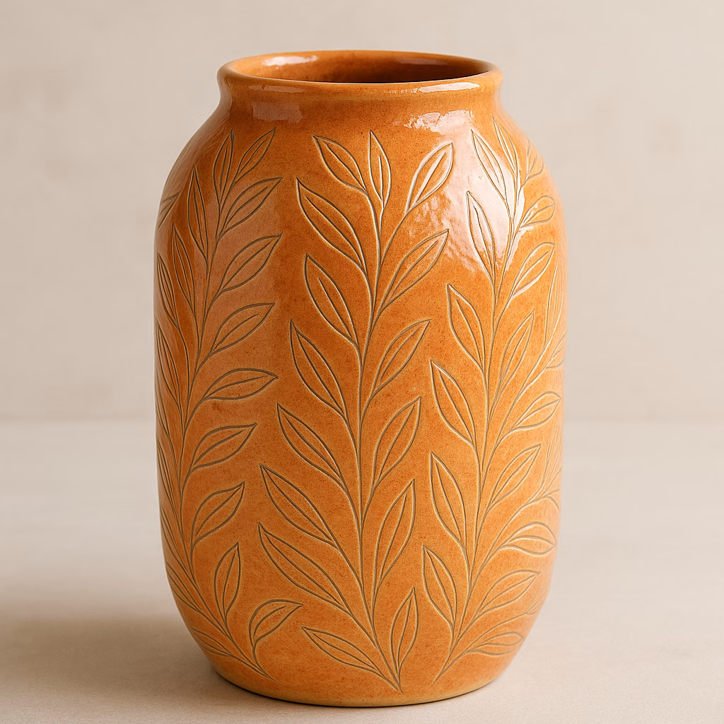 Immagine Vaso in gres inciso con engobbio arancio e cristallina trasparente: idea creativa completa