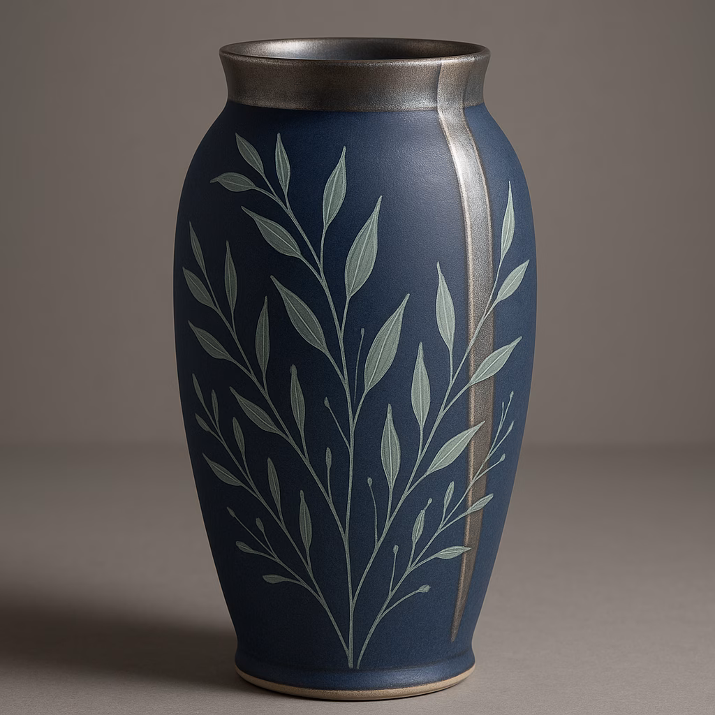 Immagine Vaso in porcellana blu cobalto con decoro botanico verde e finitura argento ossidato: progetto ceramico completo ad alta temperatura