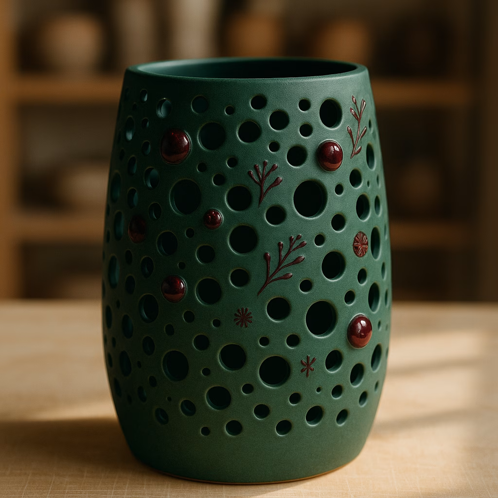 Immagine Vaso traforato in ceramica con engobbio verde e dettagli vinaccia: idea creativa con foratori cilindrici, Nile Green e Wine About It