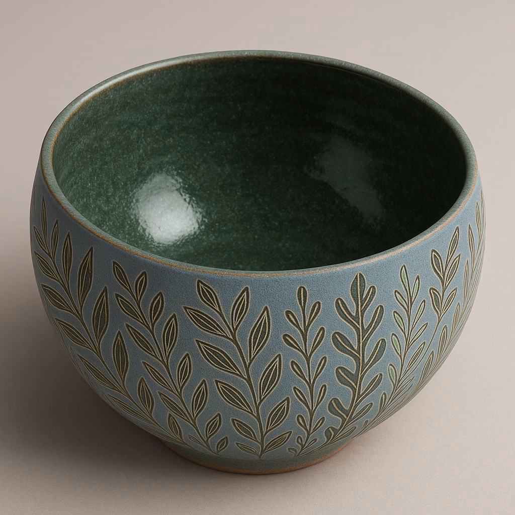 Immagine Ciotola botanica in ceramica verde e blu: progetto creativo con argilla PLV verde, engobbio Dusty Blue e smalto Seaweed Aventurina