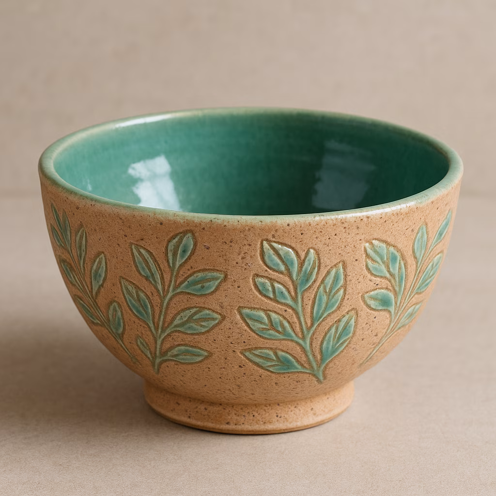 Immagine Ciotola ceramica fatta a mano in gres con decoro botanico: progetto completo con 359 G&S, Jadeite e Mint Shake