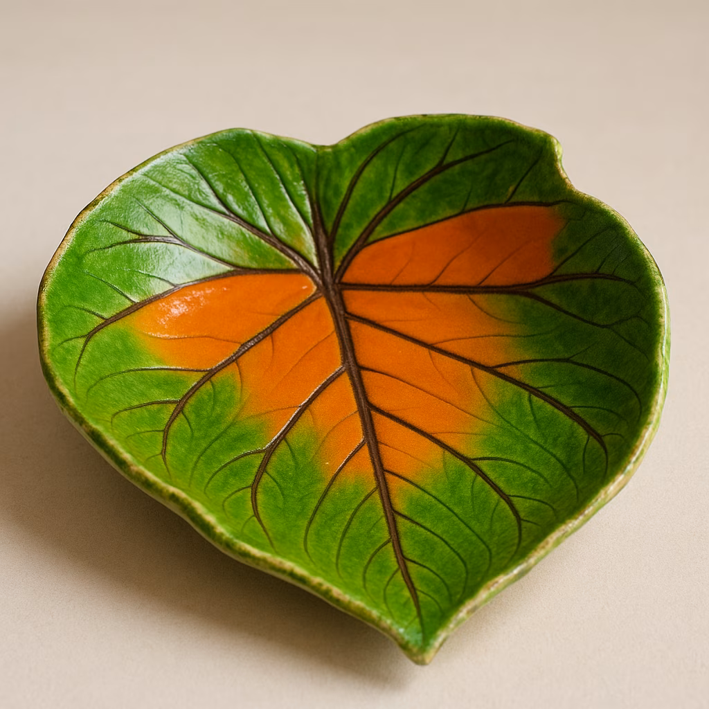 Ciotola foglia tropicale in ceramica: idea creativa con engobbio verde, sottocristallina manganese e smalto Papaya 2 Immagine Ciotola foglia tropicale in ceramica: idea creativa con engobbio verde, sottocristallina manganese e smalto Papaya