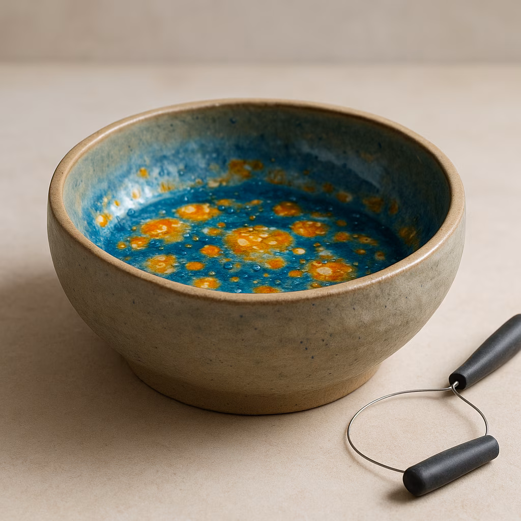Immagine Ciotola in ceramica effetto laguna: progetto creativo con engobbio blu, smalto cristallino e filo per tagliare argilla