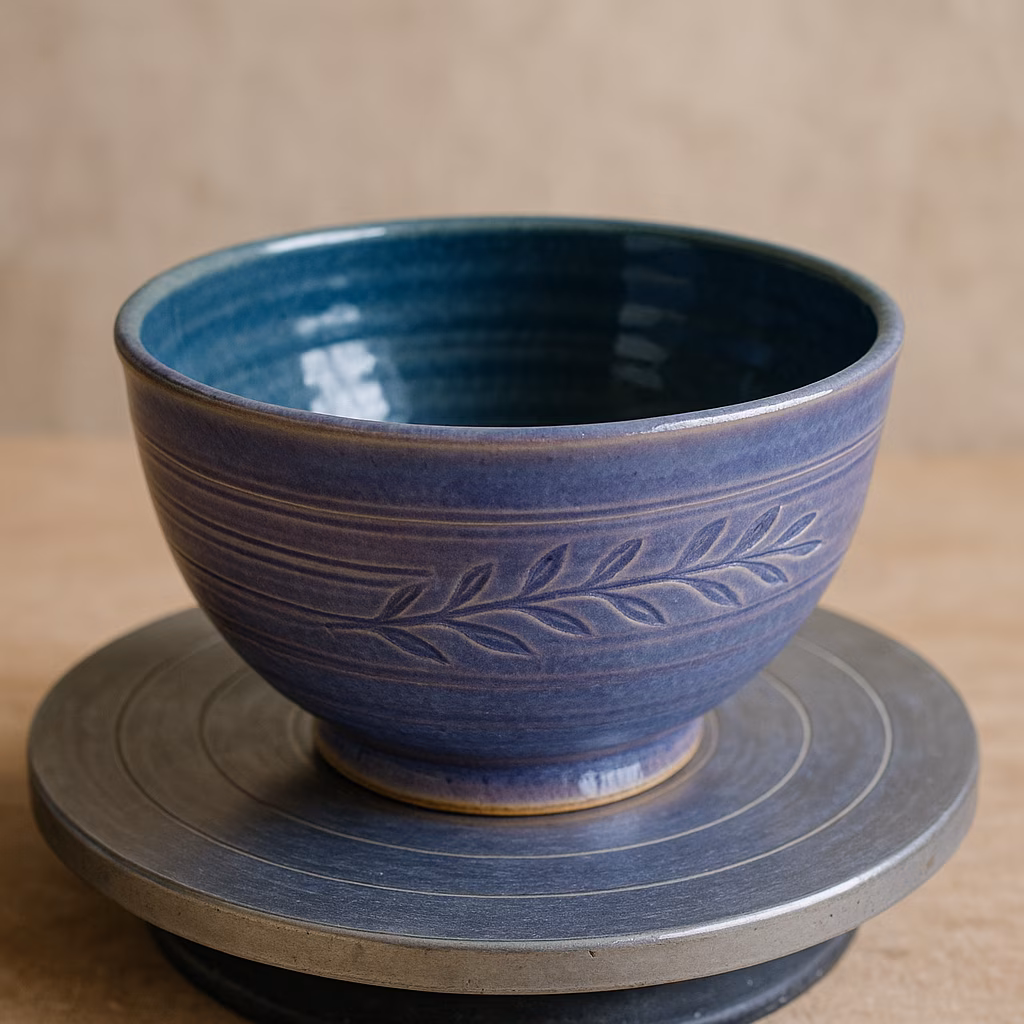Ciotola tornita con decoro teal e cristallina blu: progetto ceramico con tornio da tavolo, Blue Grass e Wistaria 2 Immagine Ciotola tornita con decoro teal e cristallina blu: progetto ceramico con tornio da tavolo, Blue Grass e Wistaria