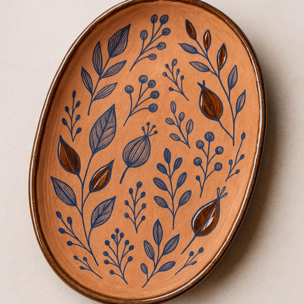 Piatto ceramico decorato con engobbio Terracotta, matita sottosmalto blu e smalto Café Ole: idea creativa completa 2 Immagine Piatto ceramico decorato con engobbio Terracotta, matita sottosmalto blu e smalto Café Ole: idea creativa completa