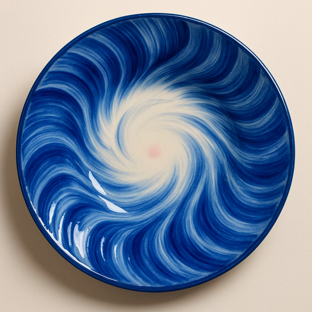 Immagine Piatto decorativo ceramico con sottocristallina blu, cristallina trasparente e pennello a ventaglio: idea creativa elegante e luminosa