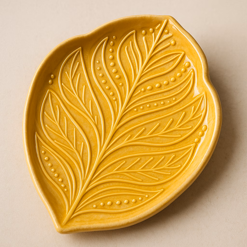 Immagine Vassoio ceramico decorato a rilievo con Sunkissed: idea creativa con smalto giallo, pompetta e strumenti per modellazione