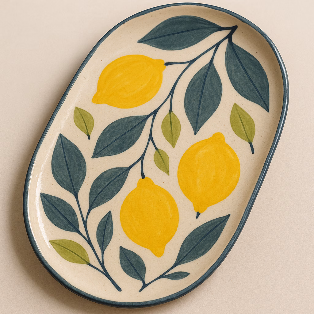 Immagine Vassoio ceramico decorato con foglie e agrumi: progetto completo con Sage, Lime e Lemon