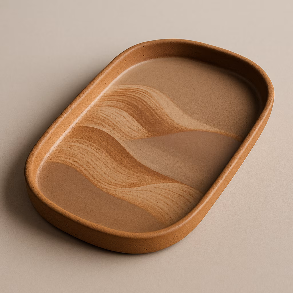 Immagine Vassoio in grès effetto dune: progetto ceramico con Argilla Toffee, engobbio Sahara Sand e smalto Coffee Mousse