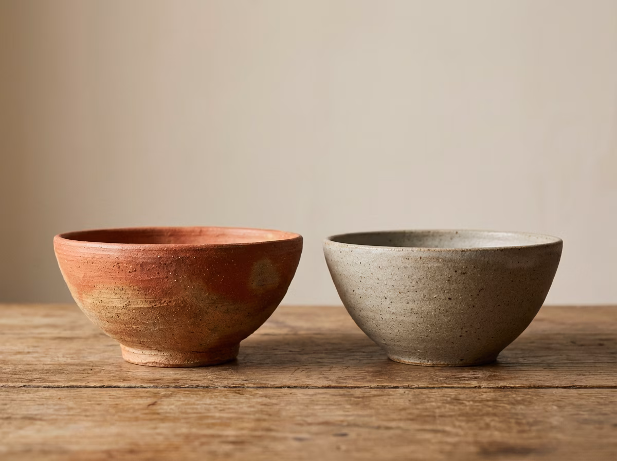 Guida Completa alle Argille da Modellare: Terracotta, Terraglia, Refrattaria, Gres e Porcellana a Confronto 3 Confronto visivo tra due ciotole in ceramica su tavolo in legno: a sinistra terracotta rossa porosa a bassa temperatura, a destra gres stoneware compatto ad alta temperatura